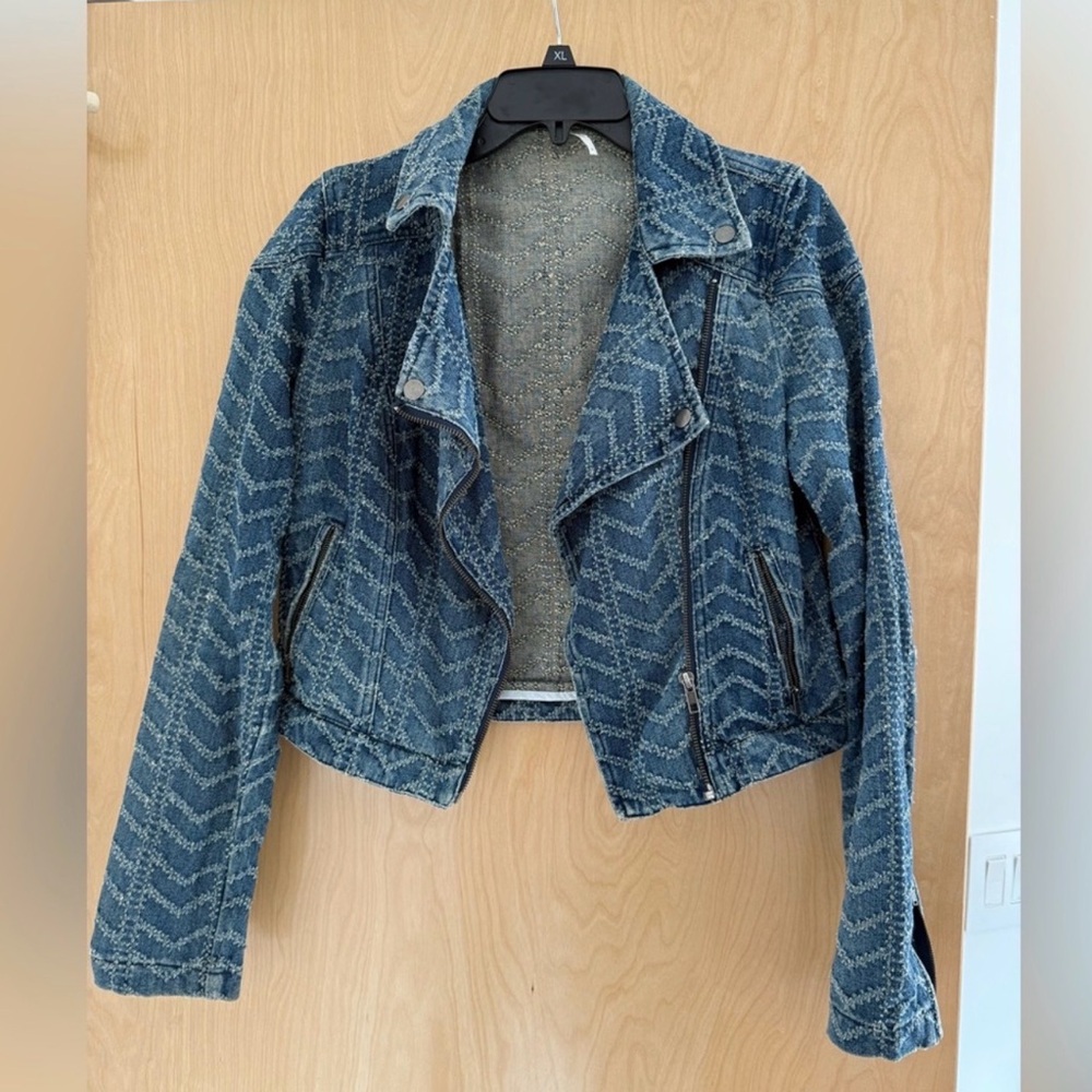Free People Chevron Patterned Blue Jean Jacket